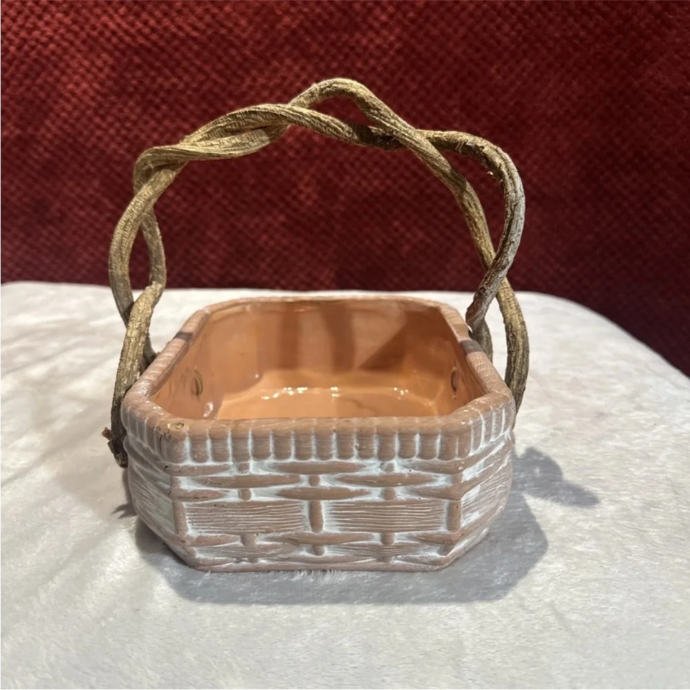 White Wash Basket Ceramic Rustic Terracotta With Real Vine Handles. 8x7x6